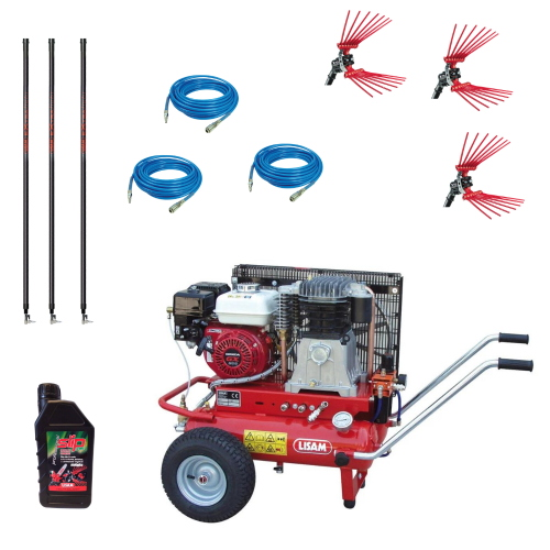 KIT MOTOCOMPRESSORE LISAM LM 600/30 PROFESSIONAL 3 OPERATORI CON 3 ABBACCHIATORI V8 TITANIUM, 3 ASTE EXTRALIGHT 250 CM E 3 TUBI Ø 7,5 x 10 CON RACCORDI DA 25 MT 